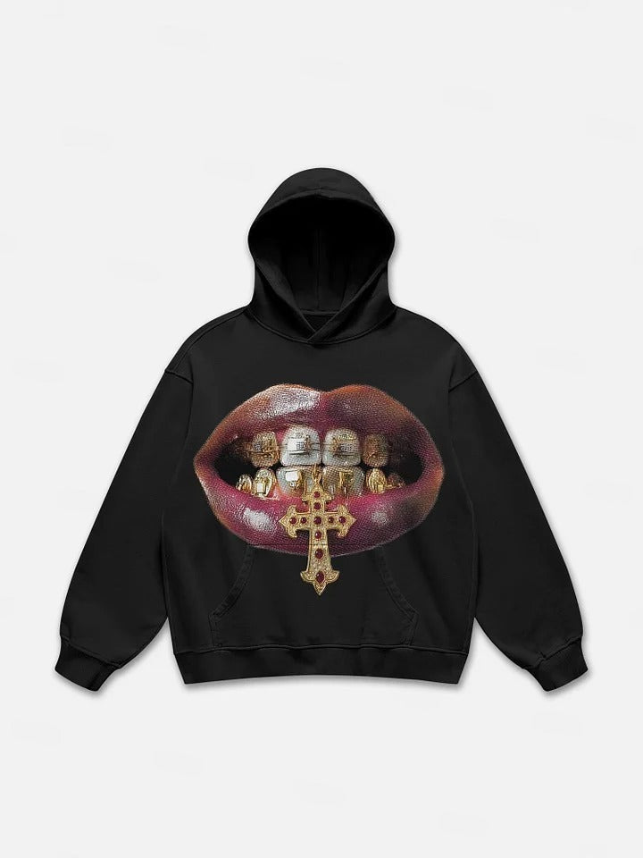 High-quality Golden Cross Gem Patch Grills Print Hoodie